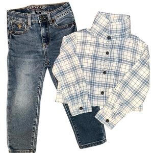 New Toddler Boy 3T Outfit Bundle Plaid Flannel Shirt + US Polo Jeans Adjustable